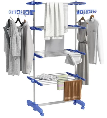 Zdjęcie produktu dla Stojak na pranie - suszarka do ubrań - 4 poziomy - składane ramiona - z kółkami - stal nierdzewna - 142 x 55 x 172 cm - niebieski