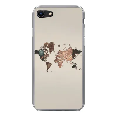 Produktbild von MuchoWow® Handyhülle Schutzhülle Hülle für iPhone SE 2020 Weltkarte - Holz - Braun Silikon Softcase Handy Hülle - Kartenbesitzer