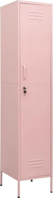 A pink metal locker with a key and handle is shown against a white background.
