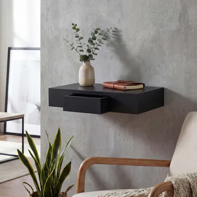 Produktbild von Wandregal Oise, Regal Hängeregal mit Schublade, 40cm  schwarz