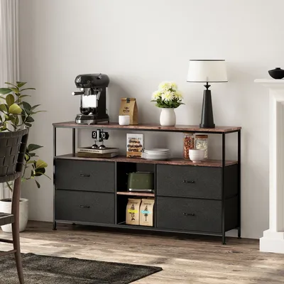 Produktbild von Multifunktionsmöbel-Kommode, TV-Kommode in Tigerfell-Farbpalette mit schwarzen Stoffschubladen, LED-Beleuchtung, Speicherschminktisch und Speicher-Küchenschrank，108cm
