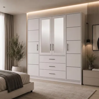 Produktbild von BEAUTYSOFA | BALI D4 Kaschmir Kleiderschrank mit Spiegel 196x200 cm, Drehtürenschrank 4-türiger, 3 Schubladen und Kleiderstange, moderner Schrank