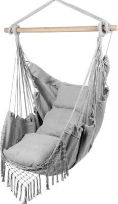 Zdjęcie produktu dla MalTec fotel wiszący z poduszką fotel ogrodowy, huśtawka wisząca, hamak do salonu, na taras, do ogrodu, jasnoszary udźwig do 120 kg, na zewnątrz, do wnętrz