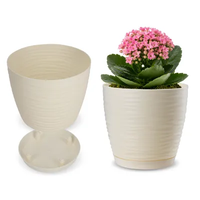 Produktbild von KADAX Blumentopf mit Untersetzer "Temara", Blumenkübel, Pflanztopf aus Kunststoff, Übertopf, rund, 13 cm, Creme