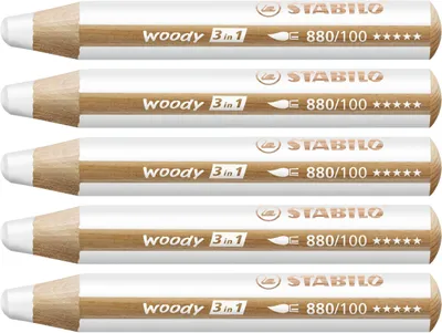 Image de Crayon de couleur, aquarelle & craie de cire - STABILO woody 3 in 1 - Pack de 5 - blanc