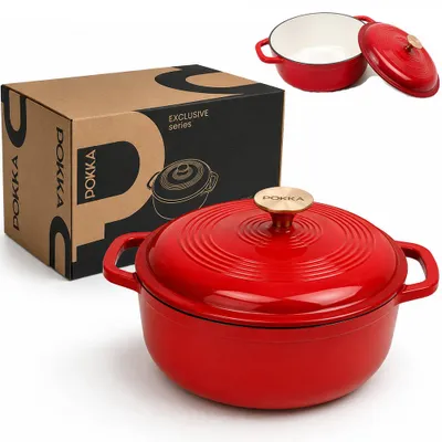 Obrázek produktu pro Smaltovaný litinový hrnec s poklicí, 28 cm, objem 6 litrů, značka POKKA, vhodný pro indukční vařiče, červený