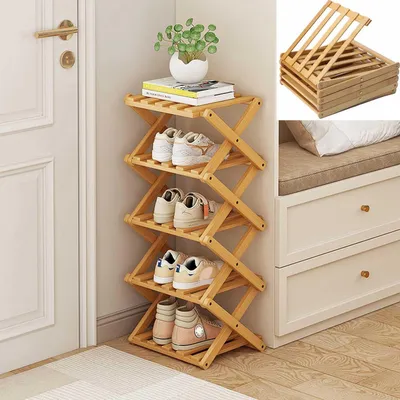 Immagine prodotto di Scaffale verticale per scarpe in bambù, pieghevole, a forma di X, stabile, per 5 paia