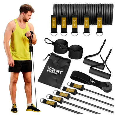 Produktbild von Widerstandsbänder 5er Set Fitnessbänder mit Griff TX-050TS Expander | Gymnastikband 4,6-22,8 kg, Türanker, Knöchelriemen | Resistance Bands