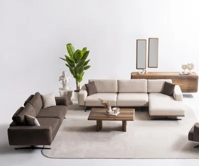 Produktbild von Moderner brauner Wohnzimmer Set aus Textil mit L-förmigem Ecksofa