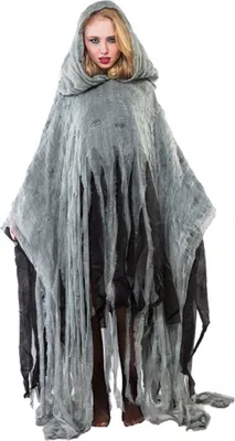 Halloween Kostüm Poncho Zombie für Erwachsene Gr. M-L grau Unisex Fasching Karneval Mottoparty Grusel-Outfit Geist Unisex-Kostüm