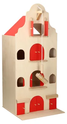 Produktbild von Playwood Holz Lagerhaus Puppenhaus mit Flaschenzug und roten Türen 67 cm