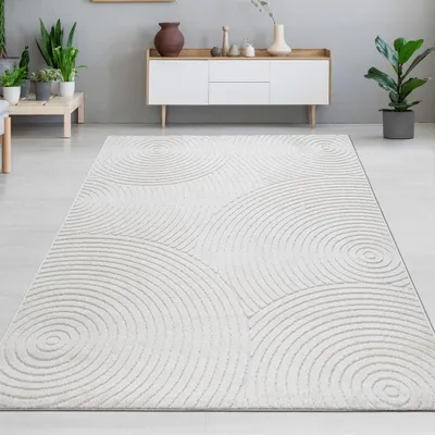 Zdjęcie produktu dla Dywan zewnętrzny odporny na warunki atmosferyczne z okrągłym wzorem - tkany na płasko w kolorze kremowym Rozmiar - 200 x 280 cm