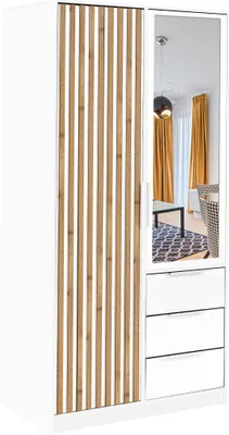 Produktbild von Albello Dwudrzwiowa szafa z lustrem Baro, Szafa do przedpokoju, Szafa do sypialni, Szafa z drążkiem i szufladami, Biały/Lamele 100x57,5x200 cm