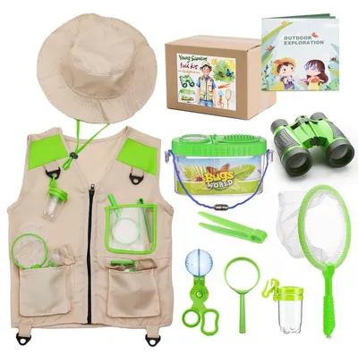 Immagine prodotto di Set da esplorazione all'aperto per bambini Zimilo, set di giocattoli da esploratore composto da gilet, cappello, binocolo, retino e contenitore per insetti, set da entomologo, verde