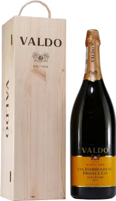 A bottle of Valdo Prosecco and its wooden gift box are displayed against a white background.