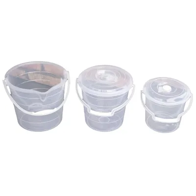 Three transparent plastic buckets of different sizes are displayed against a white background.
