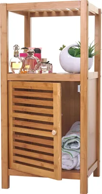 Produktbild von Badregal HWC-B18, Badezimmer Badschrank Standregal mit Tür, Bambus  80x36x34cm