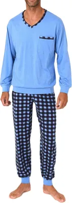 Produktbild von Normann Herren Langarm Schlafanzug mit Bündchen und karierter Jersey Pyjamahose ; hellblau , 58