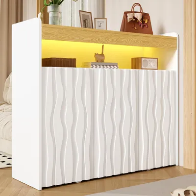 Produktbild von Sideboard / Schuhschrank mit LED-Beleuchtung 3 Türen Wellenmuster-Design Offenem Ablagefach und Verstellbaren Einlegeböden