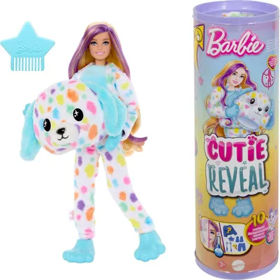 A Barbie doll in a Dalmatian-themed pajama costume, holding a plush dog costume, next to its packaging.