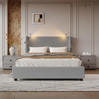 Obrázek produktu pro Postel s čalouněnou čelo - Hydraulická postel - Postel s úložným prostorem - Dvoulůžko - Rám postele s lamelovým roštem - 140x200 cm
