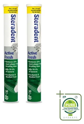 Imagen del producto de 2 envases de tabletas limpiadoras Steradent Active Fresh para prótesis dentales, cada uno con 30 tabletas. Paquete grande, 2 unidades