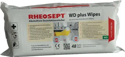 Productafbeelding van Desinfectiedoekjes RHEOSEPT, afmetingen ongeveer 300 x 270 mm, verpakking: 6 x 48 doekjes. RHEOSEPT