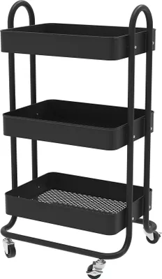 A black three-tiered rolling cart is shown against a white background.