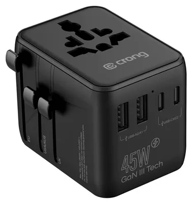 Zdjęcie produktu dla Adapter Podróżny Ładowarka GaN Crong USB C USB A 45W UK/EU/US/AU Czarny