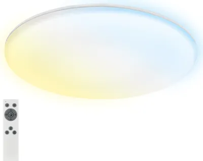 Image de Briloner Rowny LED Plafonnier salle de bain, variateur, télécommande, lumière indirecte, protection contre les éclaboussures et la poussière, blanc, Ø35 x 5,5 cm