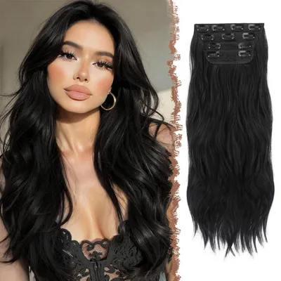Immagine prodotto di Estensioni per capelli sintetici, effetto ondulato, lunghezza 60 cm, 4 pezzi, colore nero 1B#