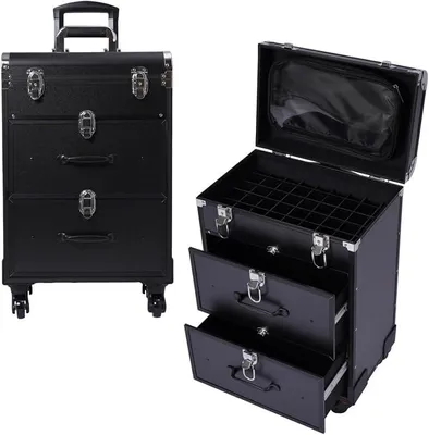 Produktbild von Kosmetikkoffer Trolley mit Schublade, Professionell Trolley Schminkkoffer Nagelkkoffer, Groß Abschließbar Schminkkoffer Damen mit Rollen für Reise Kosmetikerin Friseurerin (Schwarz)