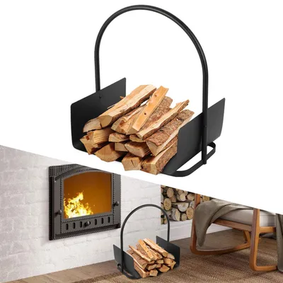 Image de Panier de transport pour bois de chauffage, en fer noir avec revêtement époxy, de forme en U, dimensions 40 x 30 x 50 cm, avec poignée ronde amovible