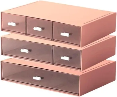 Imagen del producto de Organizador de escritorio de tres niveles con 6 cajones, organizador de maquillaje, recipiente apilable y organizador de plástico para papel y cosméticos (rosa).