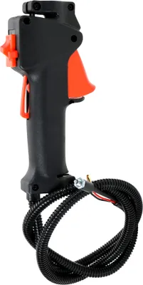 A black and orange trimmer handle with a black coiled cable attached.