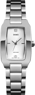 A studio shot of a silver women's watch against a white background.