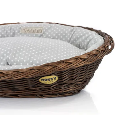 Produktbild von Handgebeizter brauner Weidenkorb Wikikorb mit Baumwoll-Hundebett Grau mit weißen Punkten Polka Dots, Waschbar & Weich DOTTY