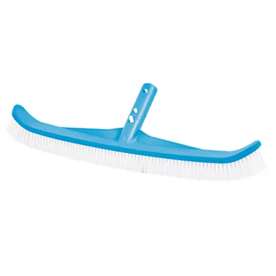 A blue pool brush with white bristles is shown against a white background.