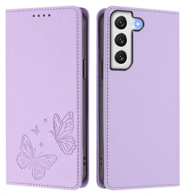Obrázek produktu pro Kožené pouzdro pro Samsung Galaxy S22 5G, motýlí ražbou, peněženkové flip pouzdro se stojánkem Světle fialová