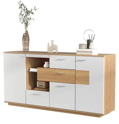 Produktbild von Modernes Sideboard 160x40x77cm mit LED-Beleuchtung, 2 Türen, 4 Schubladen, Glasablage, Holzoptik, Weiß
