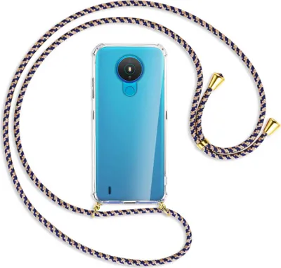 Produktbild von Handykette Backcover-Schutzhülle mit Band (Metall goldfarben) für Nokia 1.4 - blau+beige