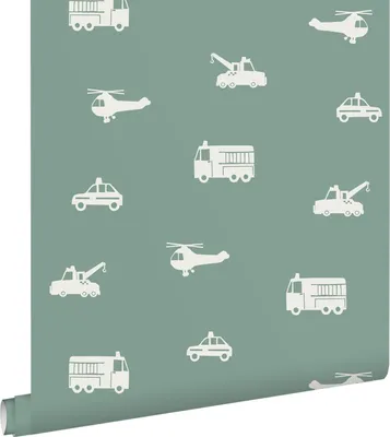 Produktbild von ESTAhome Tapete Autos, Löschfahrzeuge, Hubschrauber und Kräne Graublau 53 cm x 10.05 m