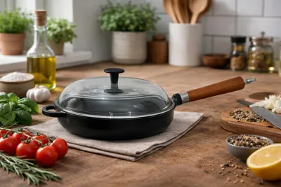 Produktbild von RONNEBY BRUK Bratpfanne Maestro Gusseisen hoch mit Glasdeckel und braunem Buchenholzgriff Ø28cm