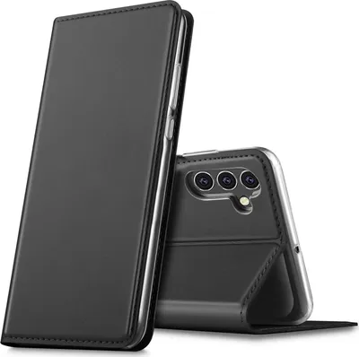 A black flip case for a smartphone is shown in a studio setting against a white background.