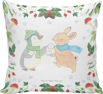 Produktbild von Mr. & Mrs. Panda Sofakissen Pinguin Hase Schneeballschlacht - Weiß - Geschenk, kuschelkissen 40x40, Deko Kissen, Nikolaus, Polster, bedruckt
