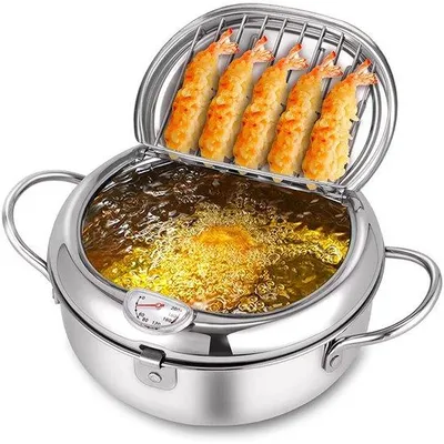 Obrázok produktu pre 2,2-litrová fritéza s termometrom - Fritovací hrniec - Fritovací hrniec s košíkom - Fritovací hrniec na hranolky - Domáce spotrebiče - Fritér - S pokrievkou a odkvapkávačom oleja - Vhodné na hranolky, kuracie mäso a krevety - Vhodné na sporáky s plynom a indukciu - 20 cm - Nerezová oceľ 304