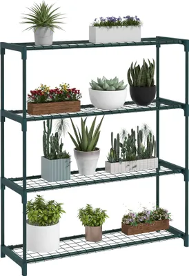 Zdjęcie produktu dla Półka na kwiaty Outsunny, stojak na kwiaty z 4 poziomami, półka na kwiaty, stojak na rośliny do ogrodu, balkon, stal, ciemnozielony, 89 x 28 x 107 cm