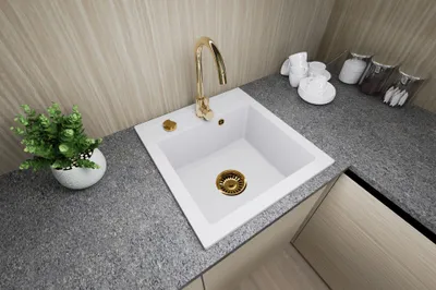 Produktbild von [Granitspüle 48x50 mit Armatur Gold Weiß] Hochwertig beidseitig Montierbar Küchenspüle Eckig Einbaugranitspüle Granit Spülbecken f. Unterschränke ab 45 cm inkl. Siphon Set