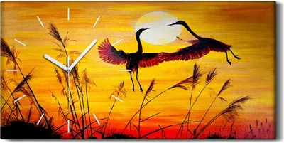 Produktbild von Wanduhr Uhr Wandbild Leinwand 60x30 Malerei Tier Vögel Sonne Sonnenuntergang - weiße Hände