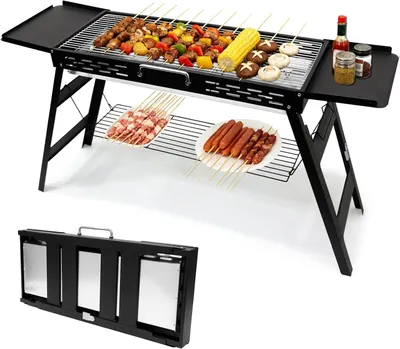 Zdjęcie produktu dla Grill Houtskool - Przenośny grill - Gotowanie na świeżym powietrzu - Składana konstrukcja - 75 x 29,5 cm - Czarny